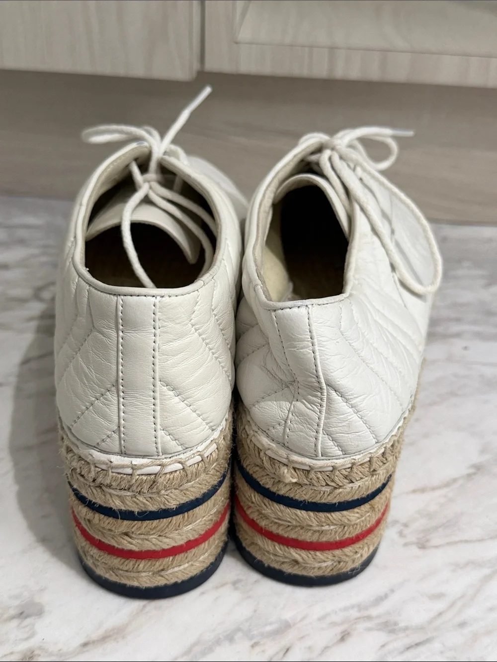 Gucci White Quilted Leather Platform Espadrille Sneakers with Red & Navy Stripes